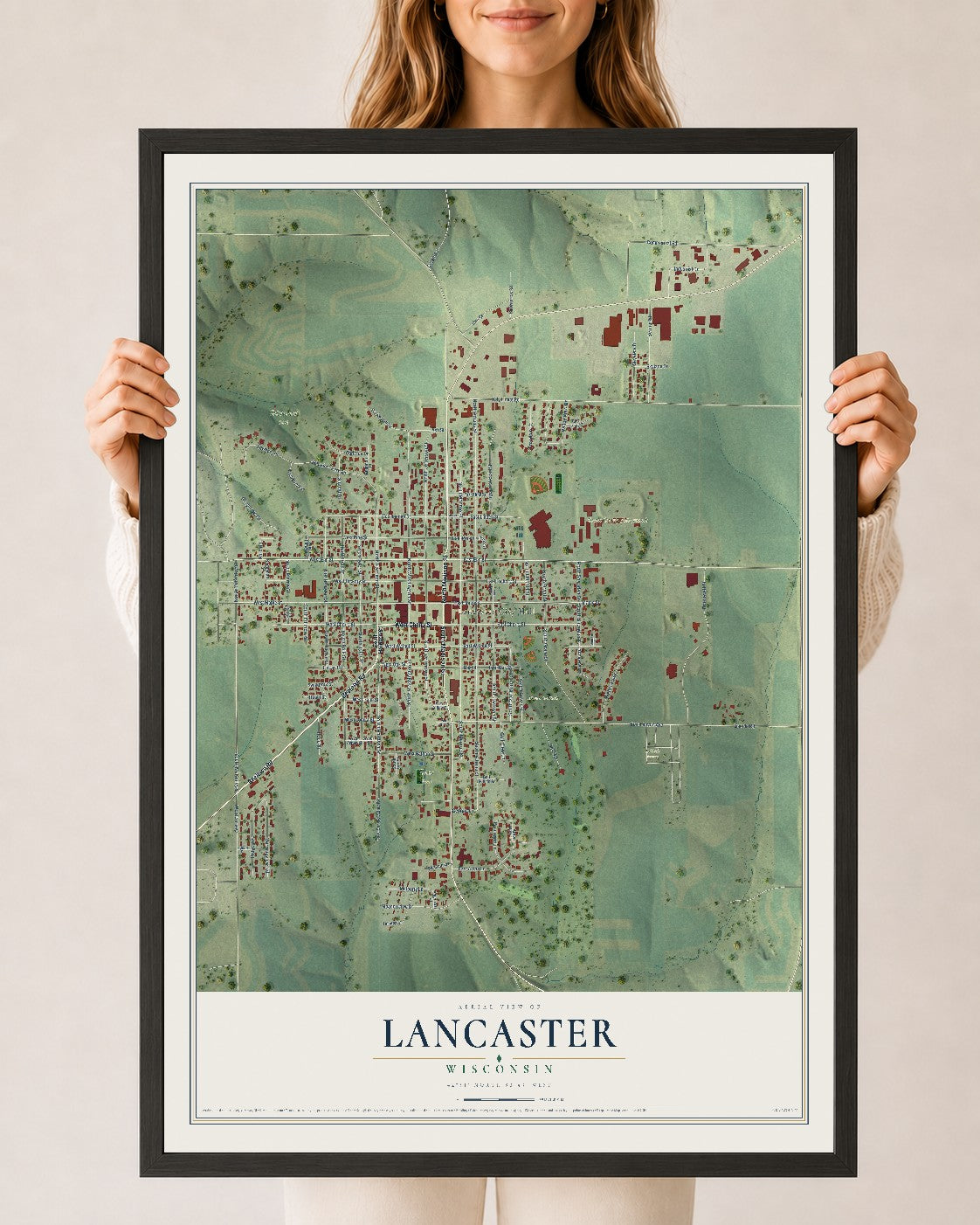 Map of Lancaster, Wisconsin, 24 x 36 inch print in a black wood frame