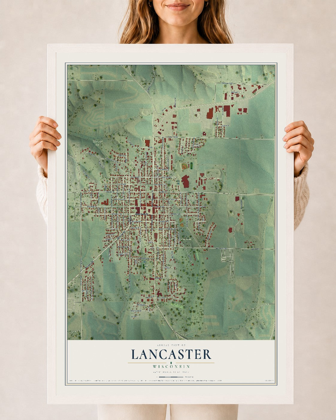 Map of Lancaster, Wisconsin, 24 x 36 inch print in a white wood frame