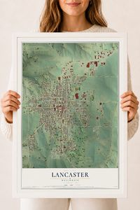 Map of Lancaster, Wisconsin, 18 x 24 inch print in a white wood frame