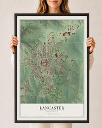 Map of Lancaster, Wisconsin, 24 x 36 inch print in a black wood frame