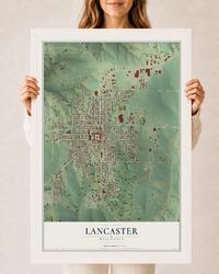 Map of Lancaster, Wisconsin, 24 x 36 inch print in a white wood frame