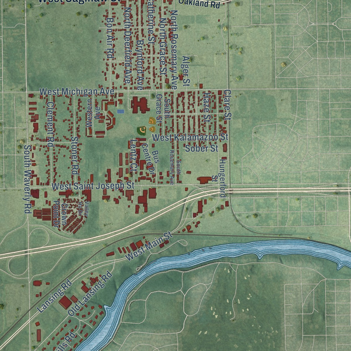 Close-up of the map of Lansing, Ingham County, Michigan print showing street and building detail
