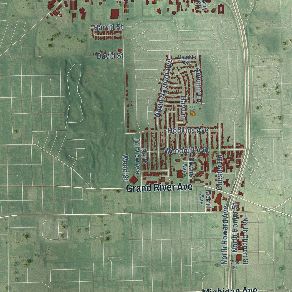 Second close-up of the map of Lansing, Ingham County, Michigan print showing more streets and buildings