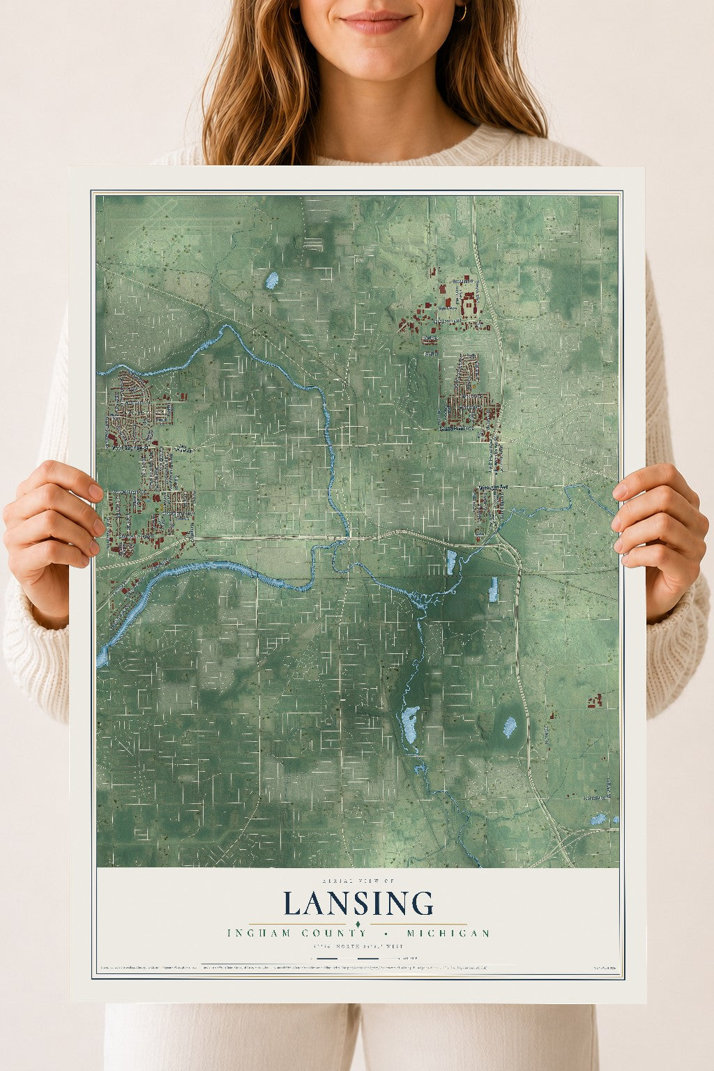 Map of Lansing, Ingham County, Michigan, 18 x 24 inch unframed archival matte print