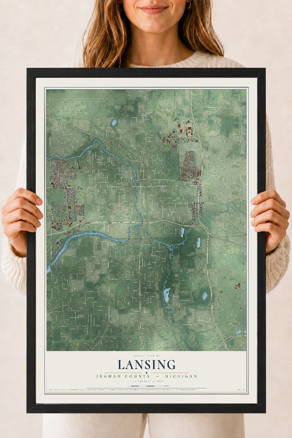 Map of Lansing, Ingham County, Michigan, 18 x 24 inch print in a black wood frame