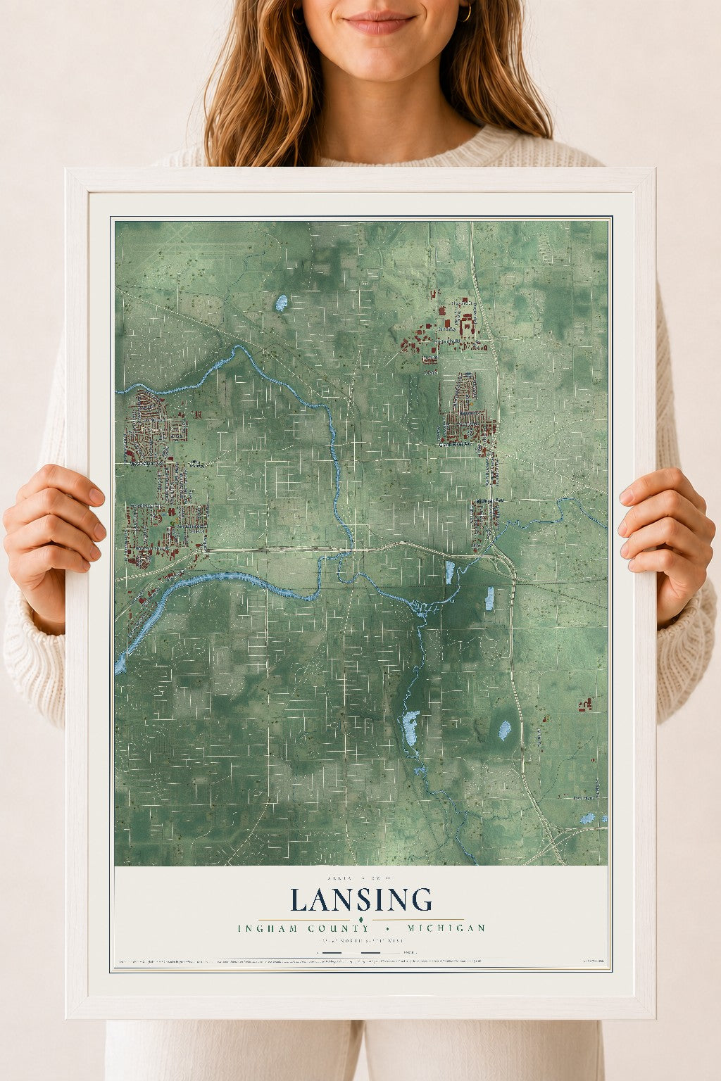 Map of Lansing, Ingham County, Michigan, 18 x 24 inch print in a white wood frame
