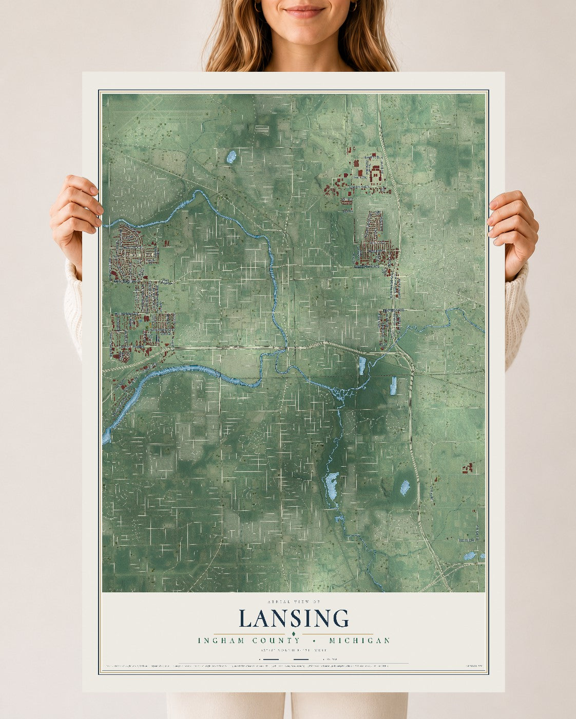 Map of Lansing, Ingham County, Michigan, 24 x 36 inch unframed archival matte print