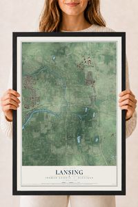Map of Lansing, Ingham County, Michigan, 18 x 24 inch print in a black wood frame