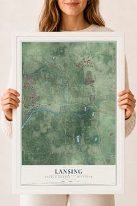 Map of Lansing, Ingham County, Michigan, 18 x 24 inch print in a white wood frame