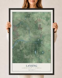 Map of Lansing, Ingham County, Michigan, 24 x 36 inch print in a black wood frame