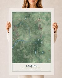 Map of Lansing, Ingham County, Michigan, 24 x 36 inch print in a white wood frame