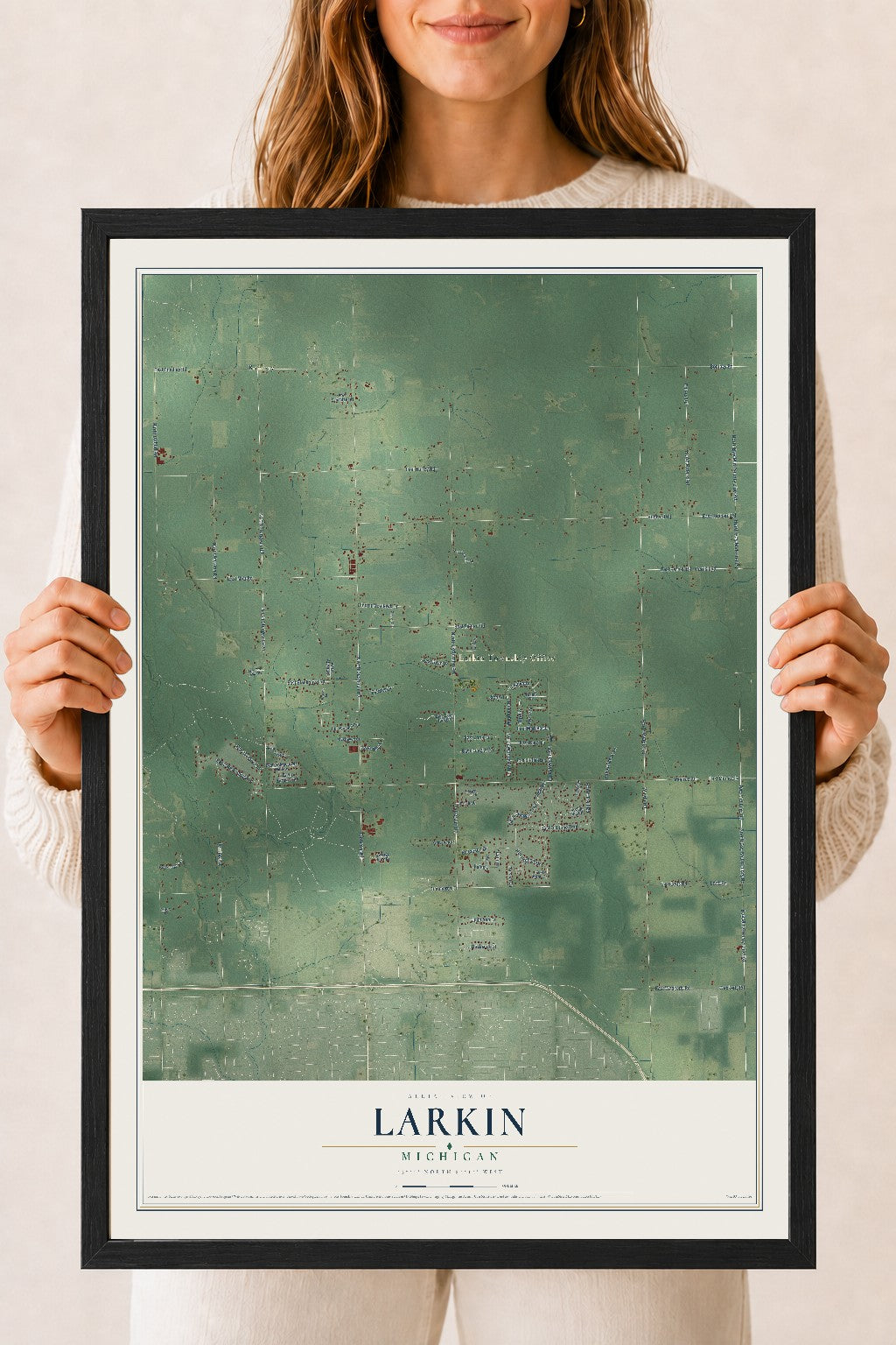 Map of Larkin, Michigan, 18 x 24 inch print in a black wood frame
