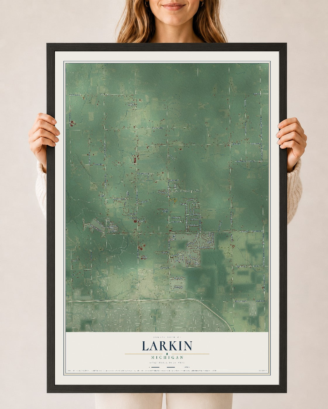 Map of Larkin, Michigan, 24 x 36 inch print in a black wood frame