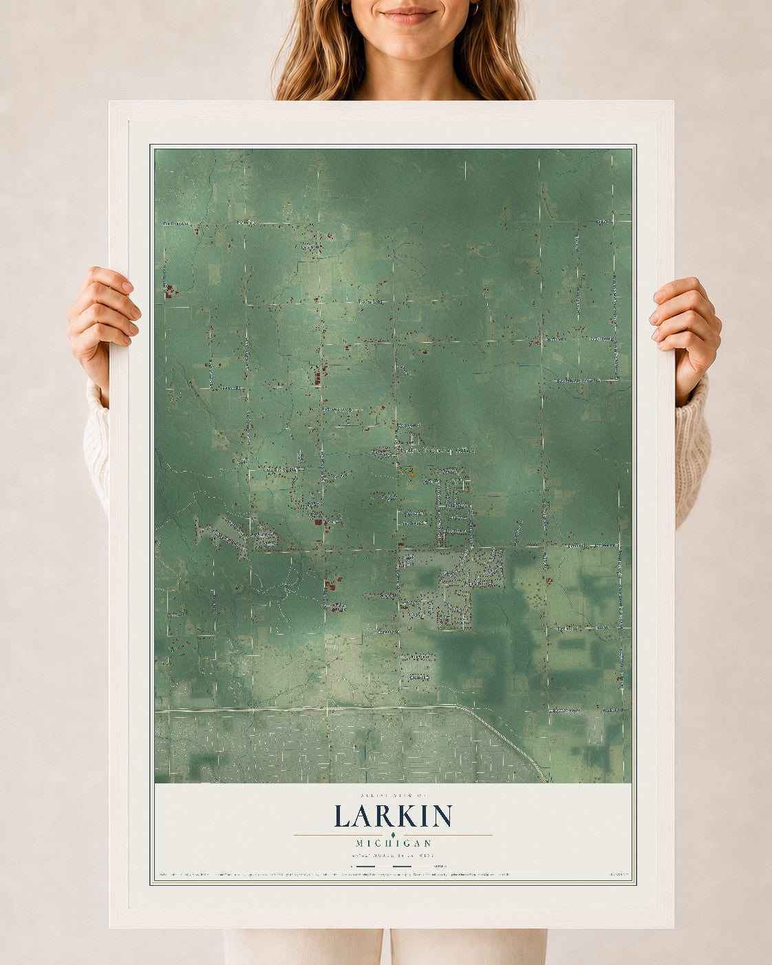 Map of Larkin, Michigan, 24 x 36 inch print in a white wood frame