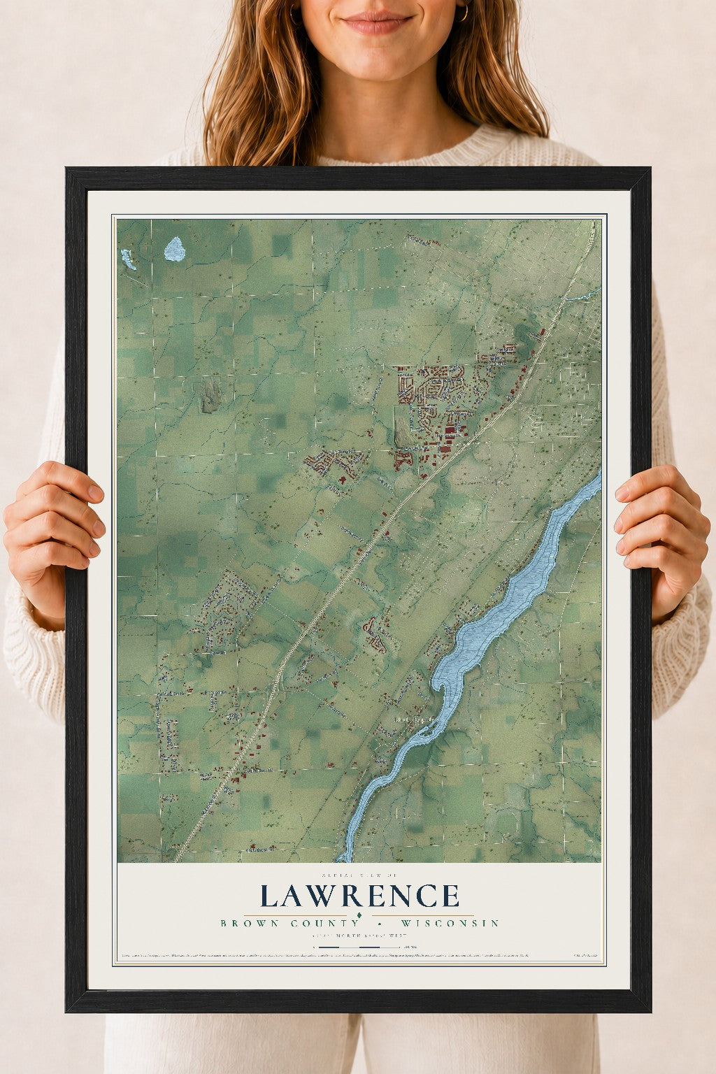 Map of Lawrence, Brown County, Wisconsin, 18 x 24 inch print in a black wood frame