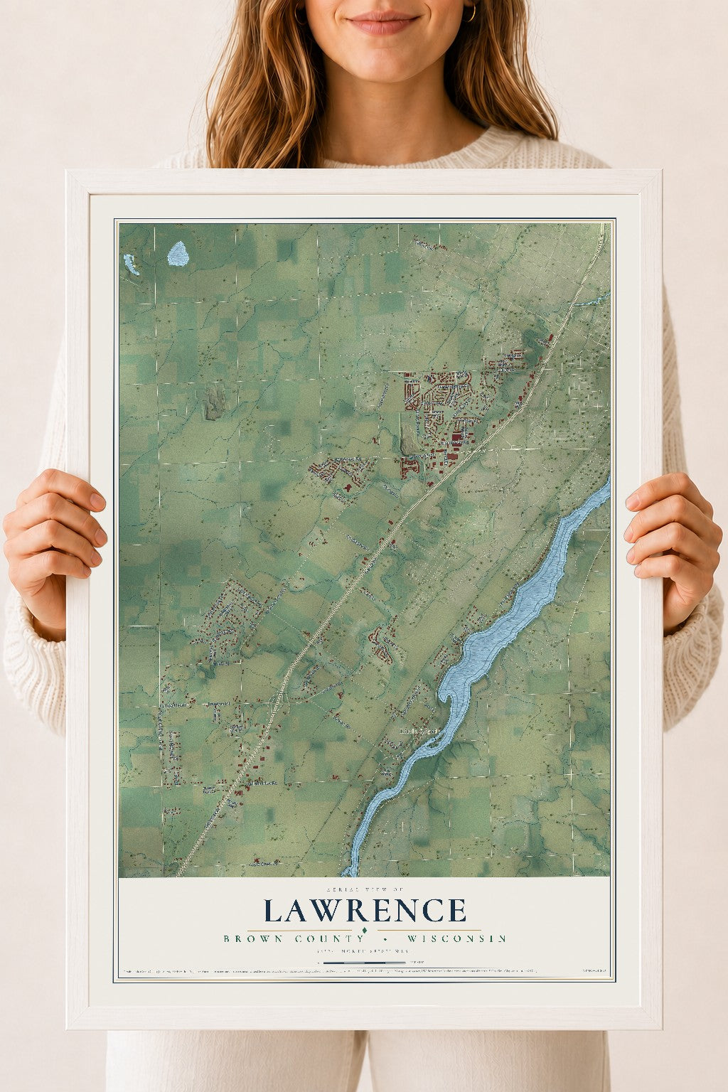 Map of Lawrence, Brown County, Wisconsin, 18 x 24 inch print in a white wood frame