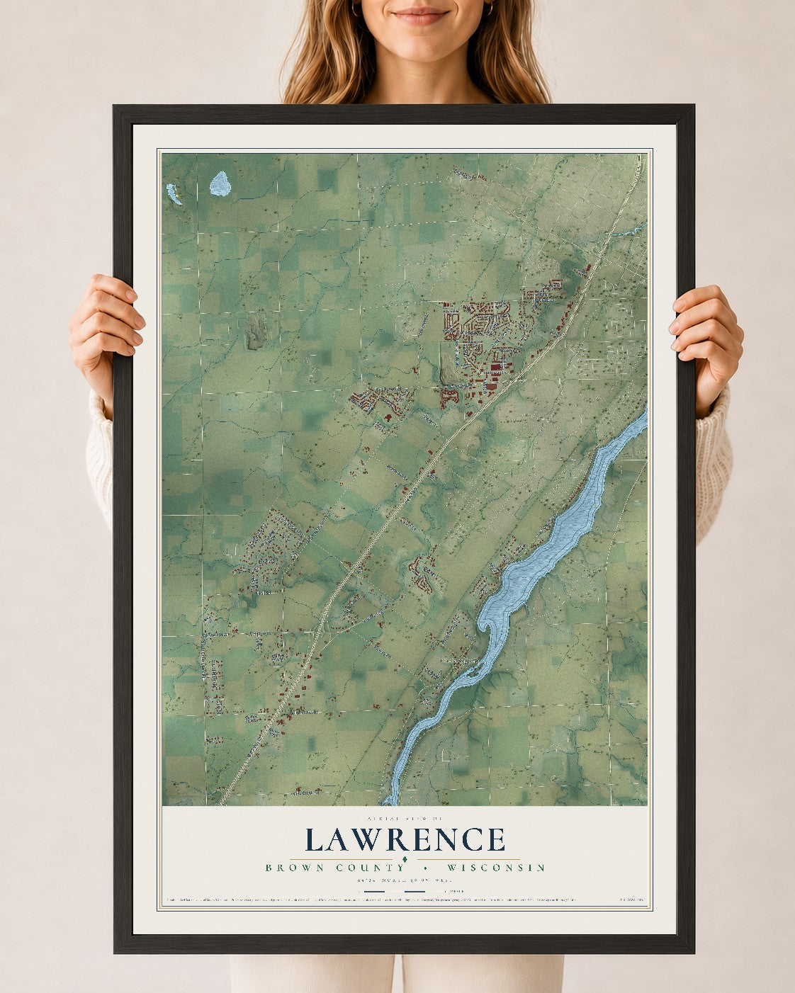 Map of Lawrence, Brown County, Wisconsin, 24 x 36 inch print in a black wood frame