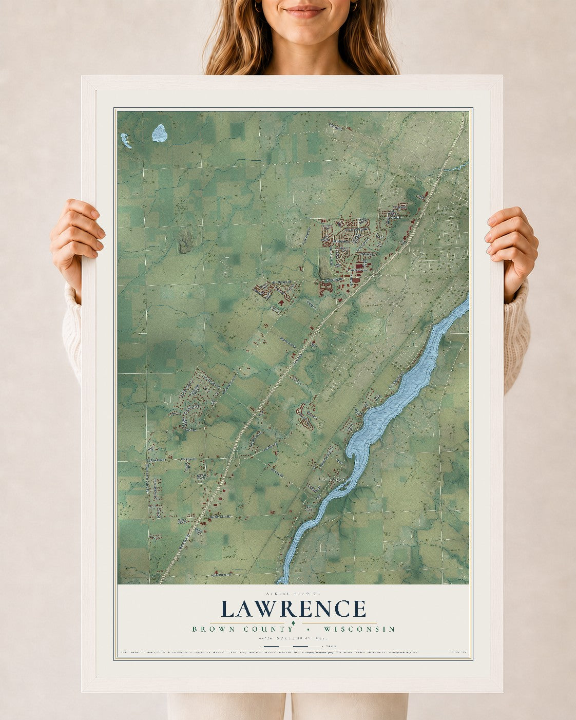 Map of Lawrence, Brown County, Wisconsin, 24 x 36 inch print in a white wood frame