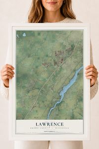Map of Lawrence, Brown County, Wisconsin, 18 x 24 inch print in a white wood frame