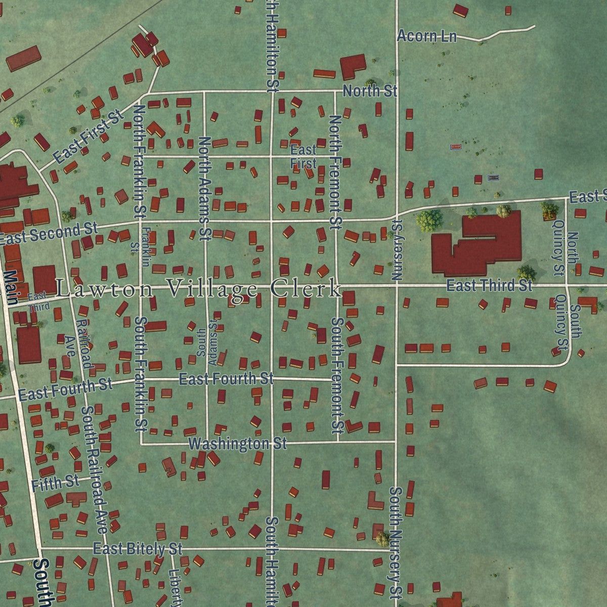 Close-up of the map of Lawton, Michigan print showing street and building detail