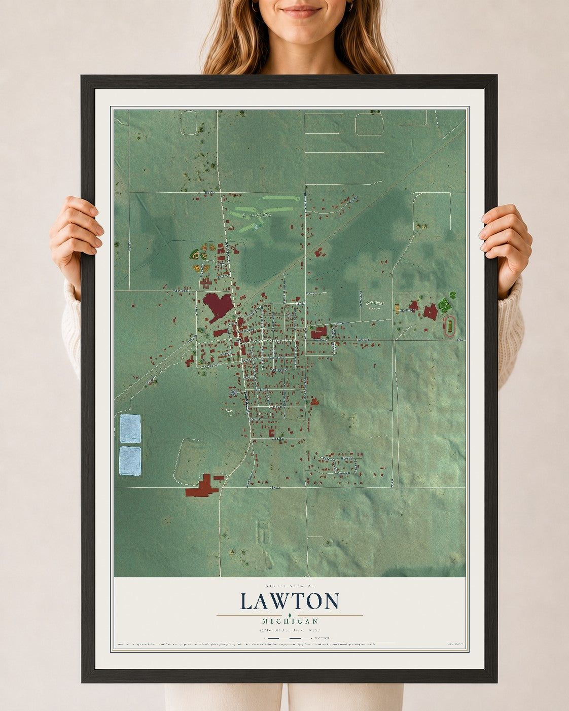 Map of Lawton, Michigan, 24 x 36 inch print in a black wood frame