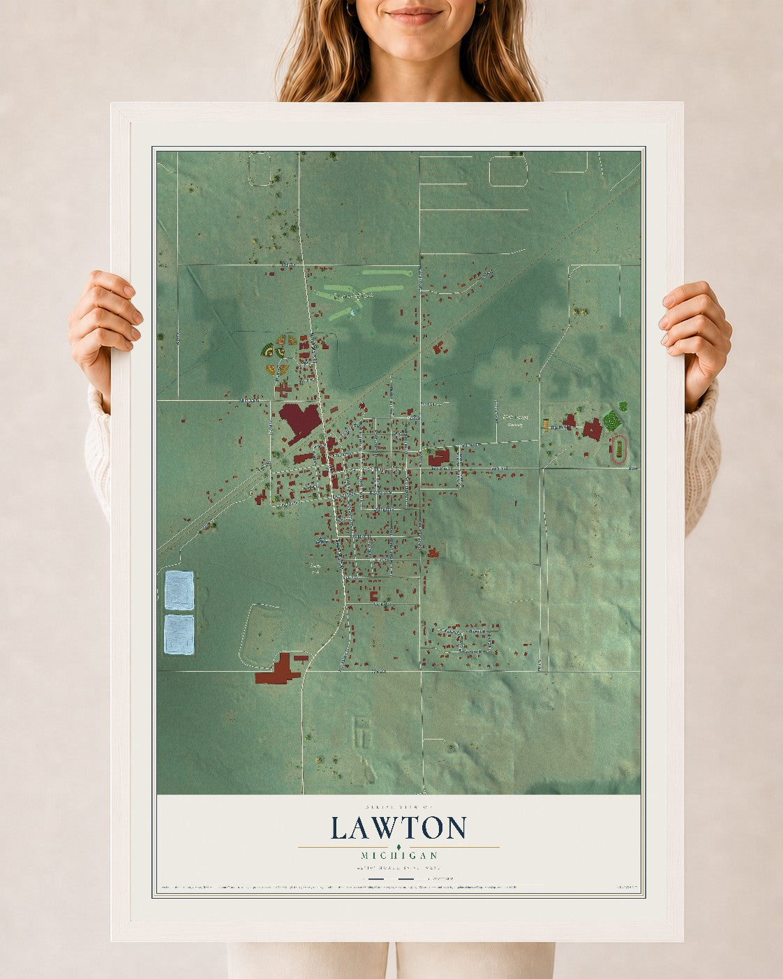 Map of Lawton, Michigan, 24 x 36 inch print in a white wood frame