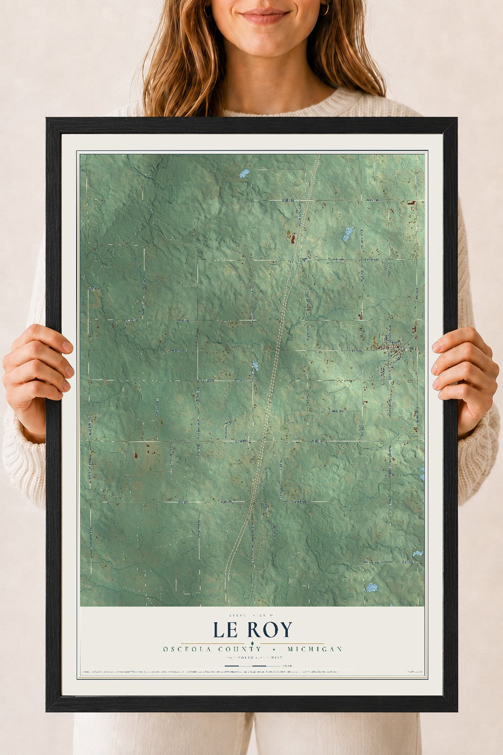 Map of Le Roy, Osceola County, Michigan, 18 x 24 inch print in a black wood frame