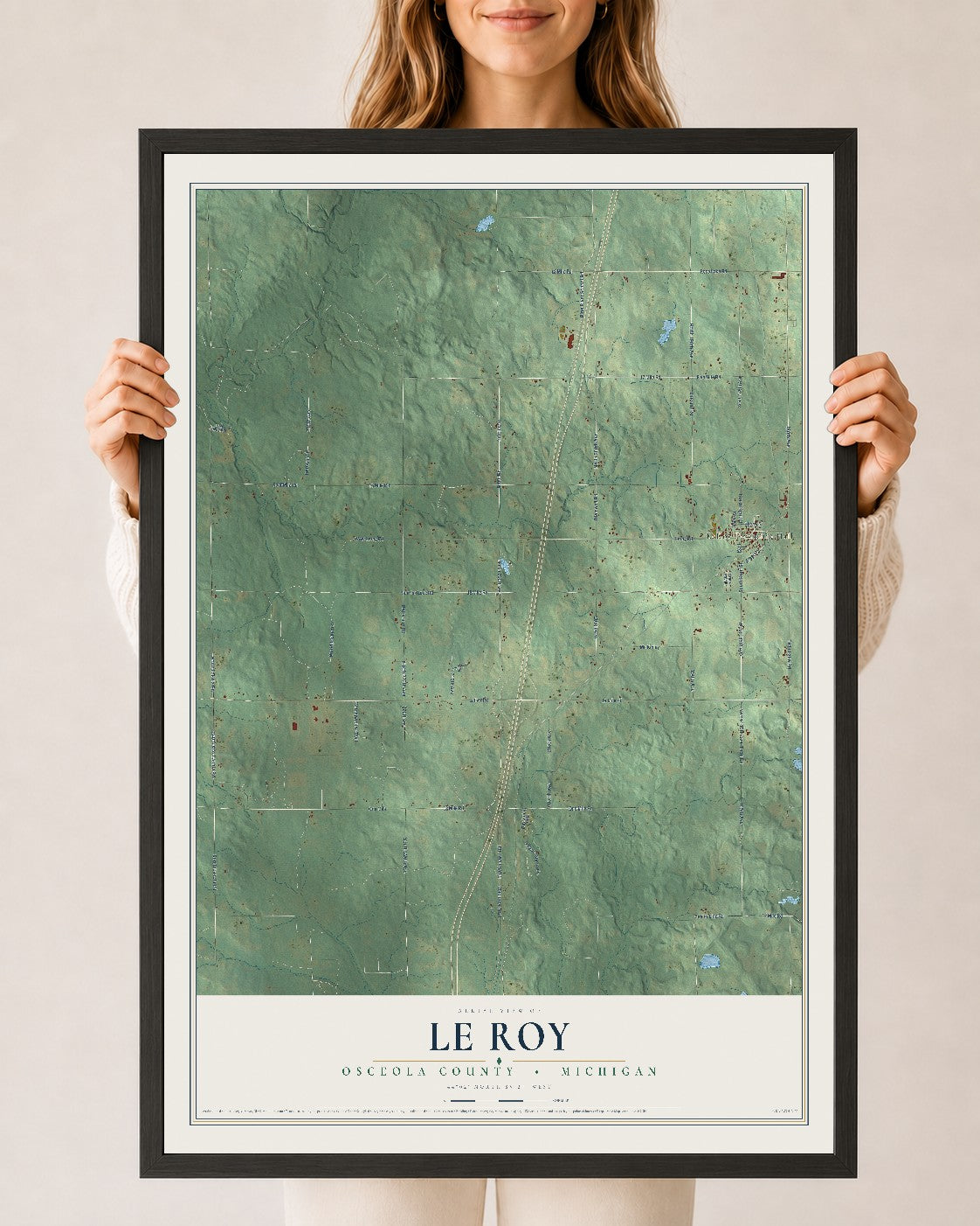 Map of Le Roy, Osceola County, Michigan, 24 x 36 inch print in a black wood frame