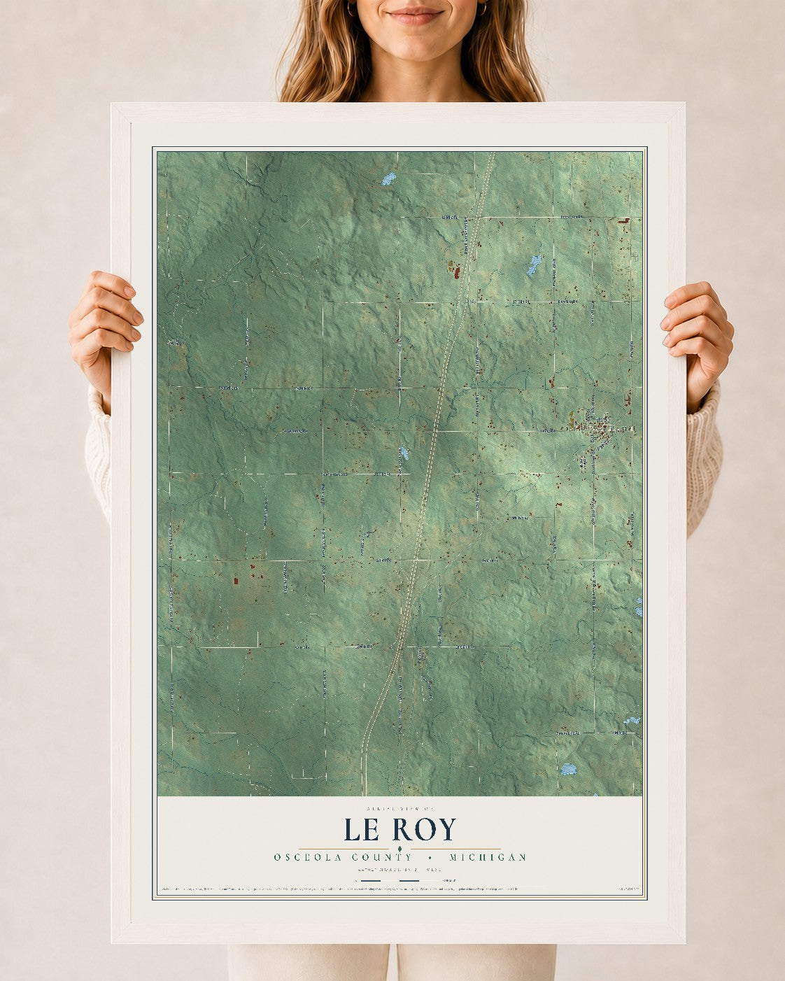 Map of Le Roy, Osceola County, Michigan, 24 x 36 inch print in a white wood frame