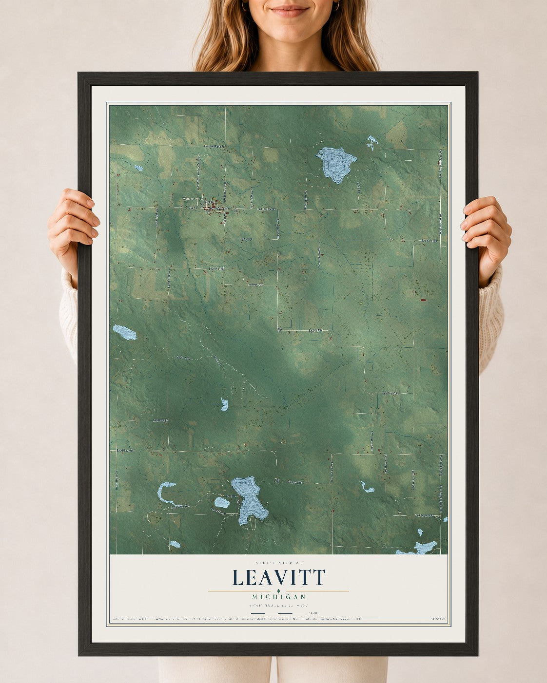 Map of Leavitt, Michigan, 24 x 36 inch print in a black wood frame