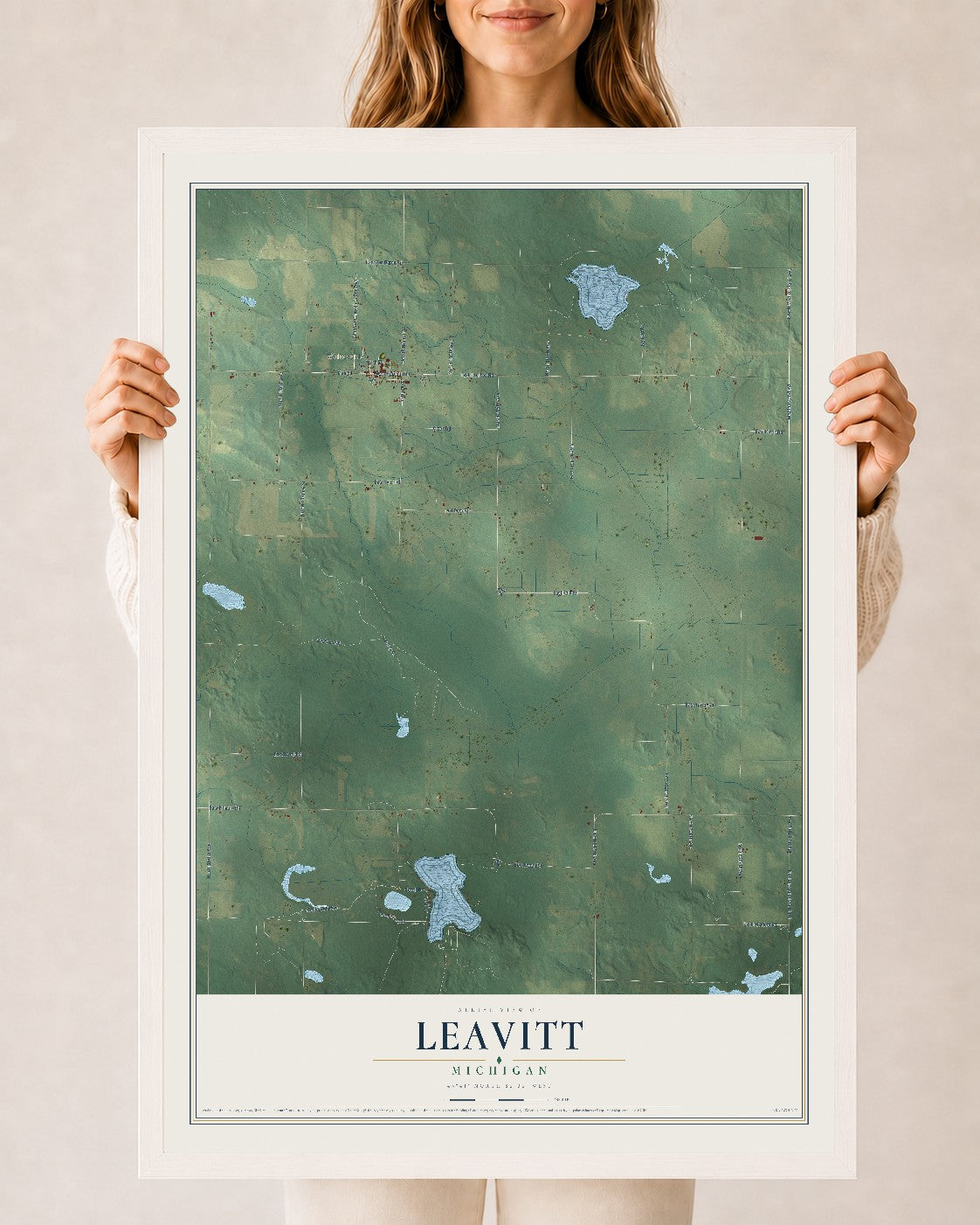 Map of Leavitt, Michigan, 24 x 36 inch print in a white wood frame