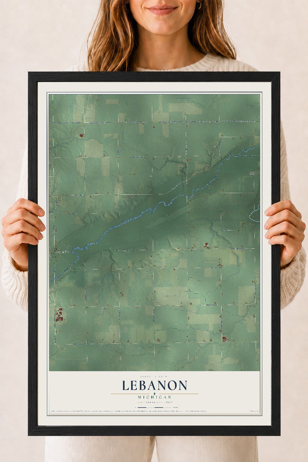 Map of Lebanon, Michigan, 18 x 24 inch print in a black wood frame