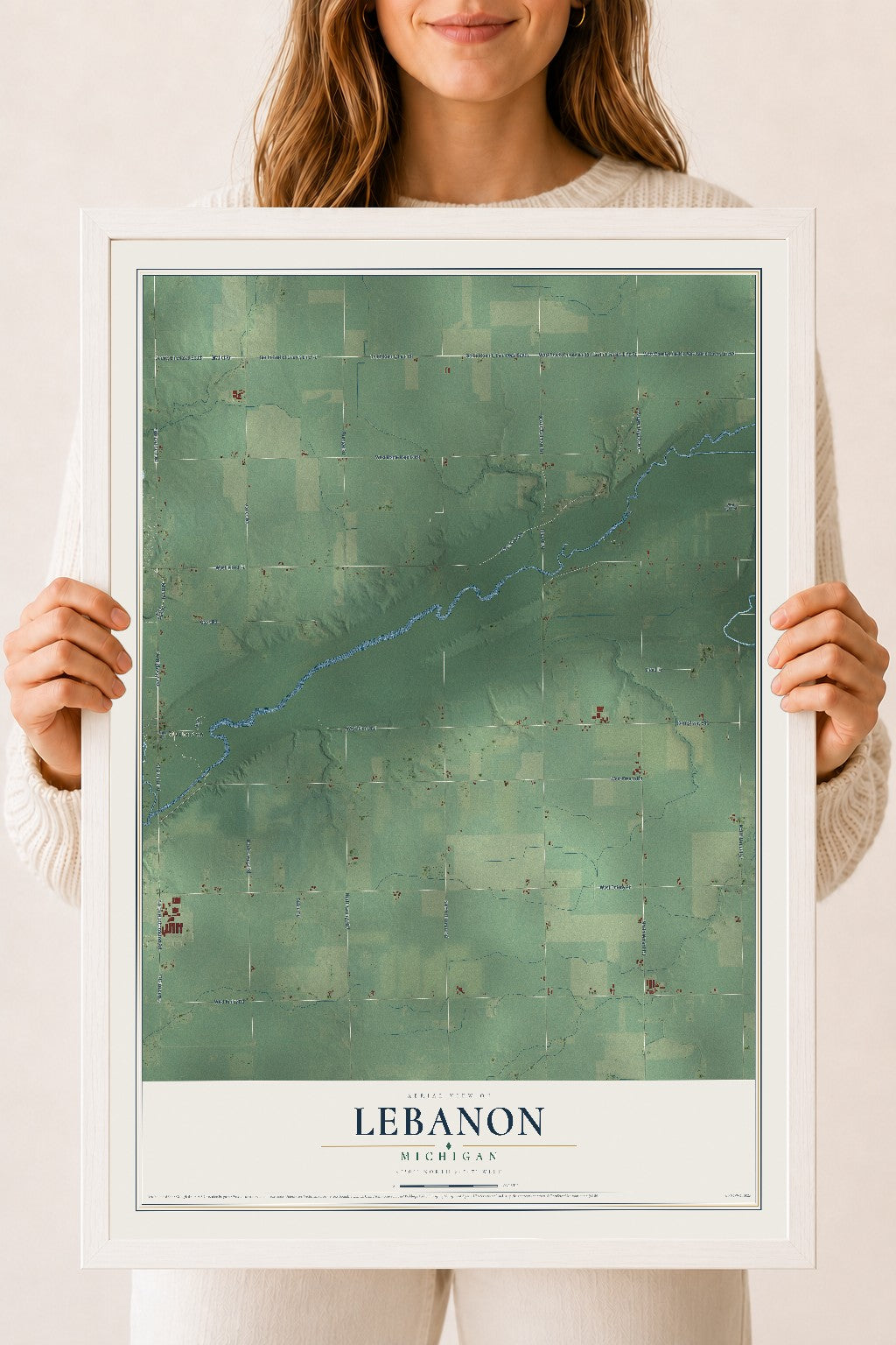 Map of Lebanon, Michigan, 18 x 24 inch print in a white wood frame