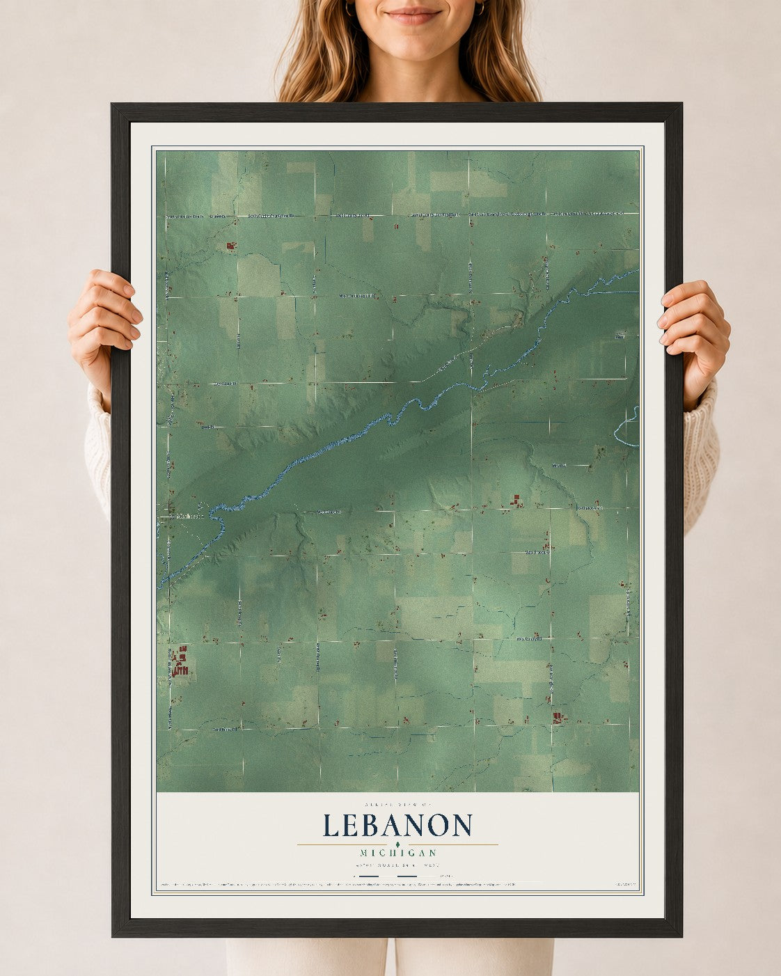 Map of Lebanon, Michigan, 24 x 36 inch print in a black wood frame