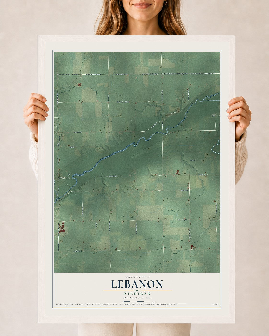 Map of Lebanon, Michigan, 24 x 36 inch print in a white wood frame