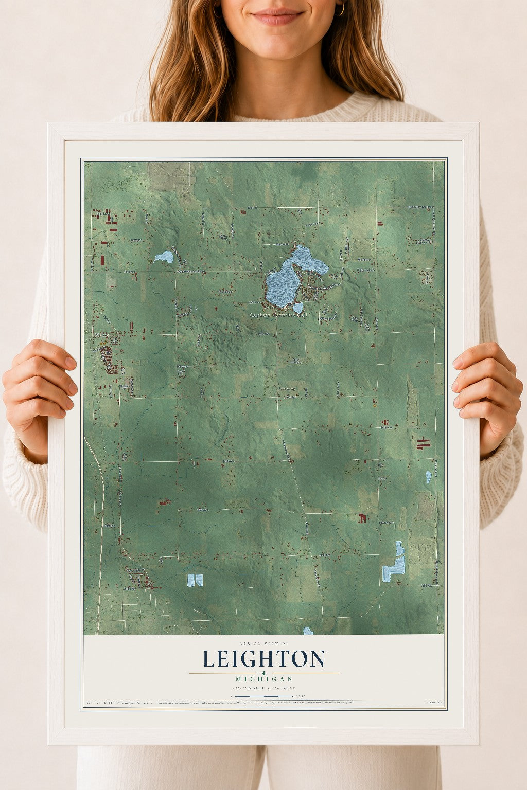 Map of Leighton, Michigan, 18 x 24 inch print in a white wood frame