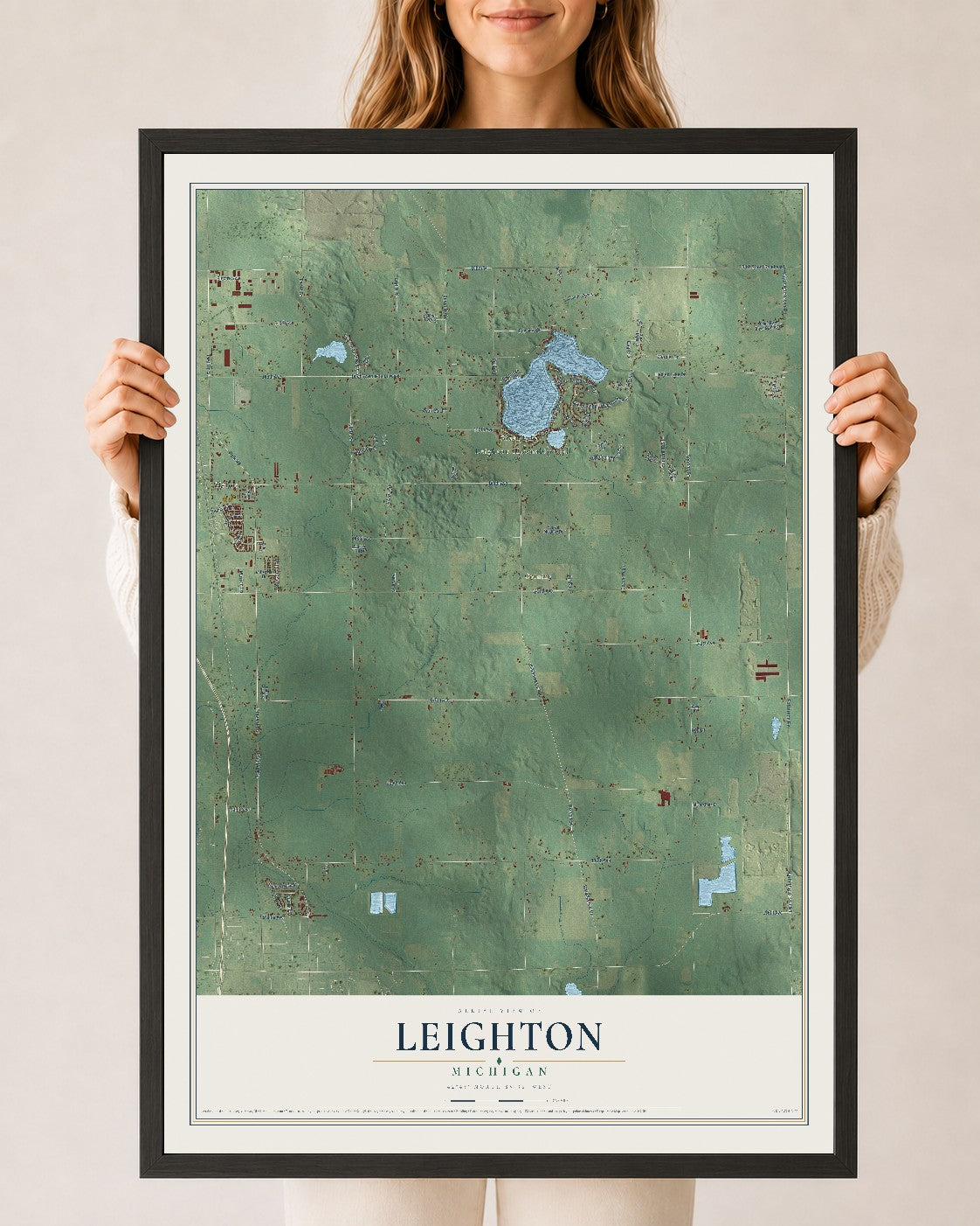 Map of Leighton, Michigan, 24 x 36 inch print in a black wood frame