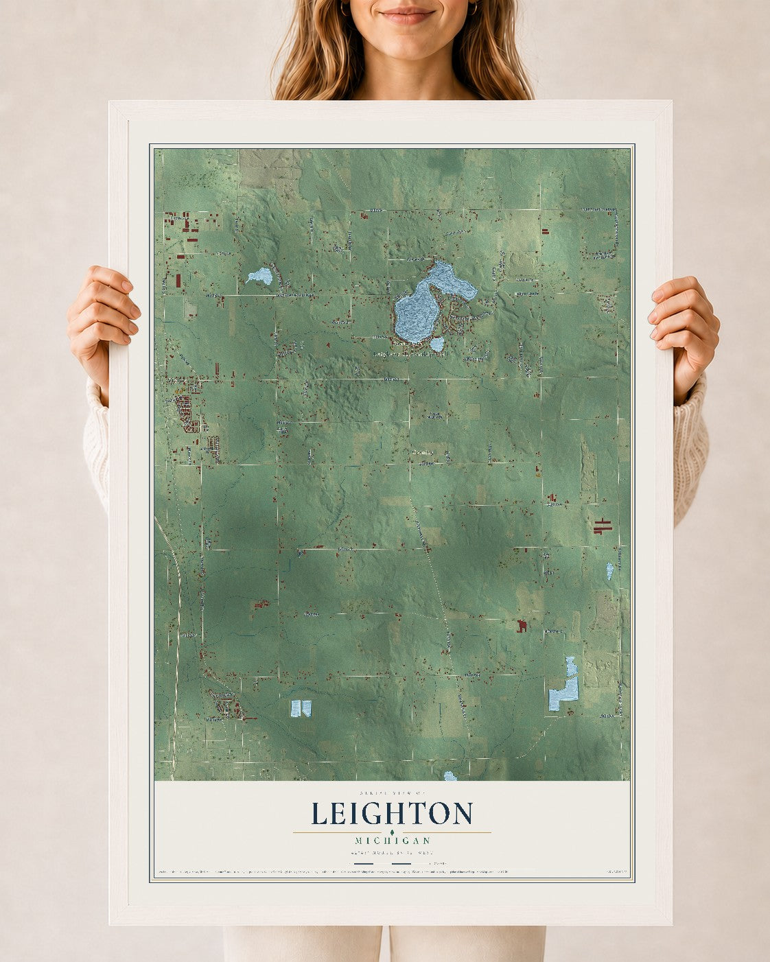 Map of Leighton, Michigan, 24 x 36 inch print in a white wood frame