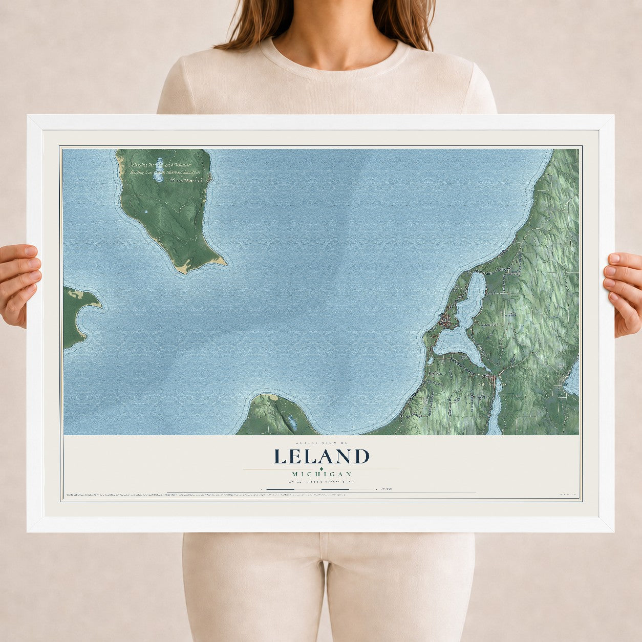 Map of Leland, Michigan, 18 x 24 inch print in a white wood frame