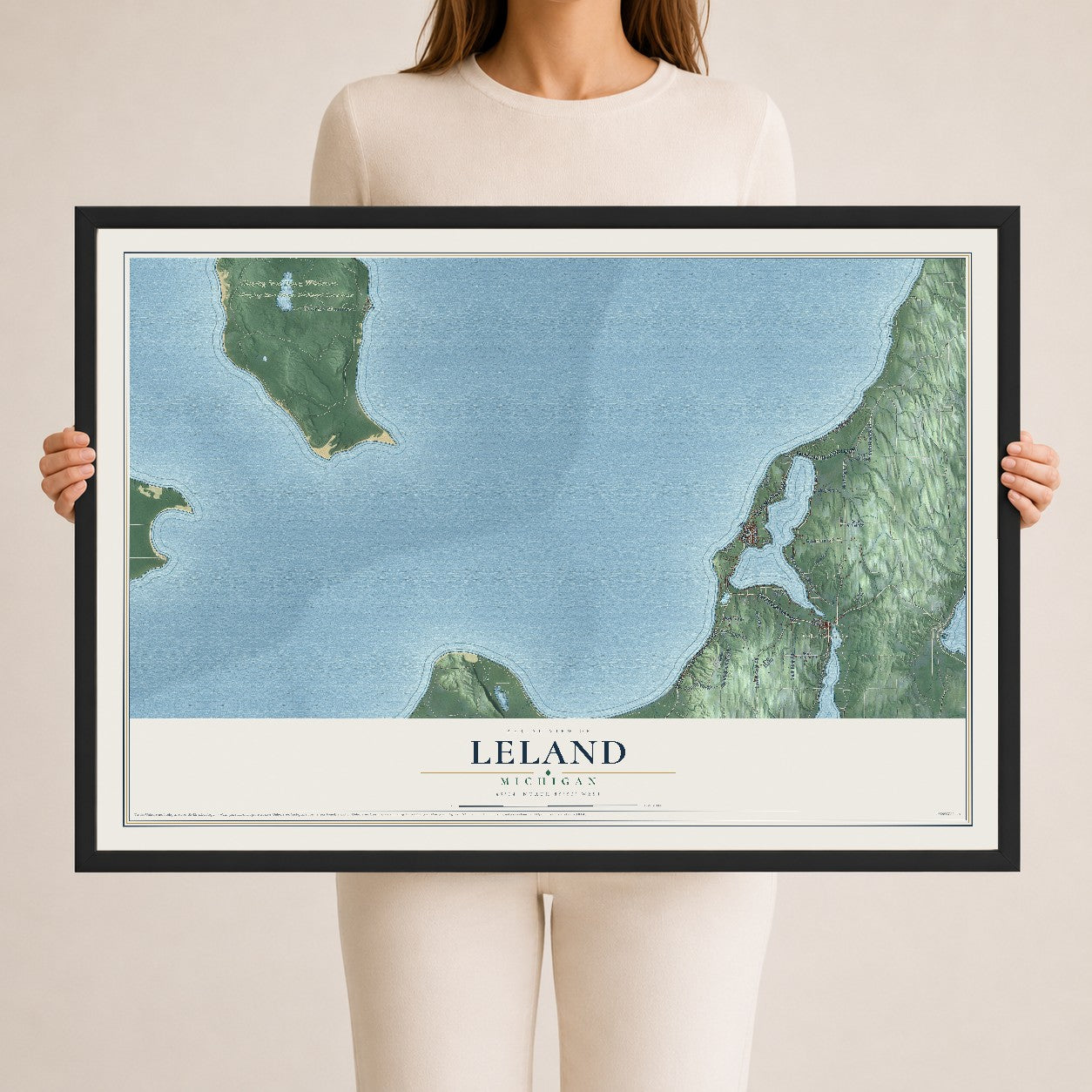 Map of Leland, Michigan, 24 x 36 inch print in a black wood frame