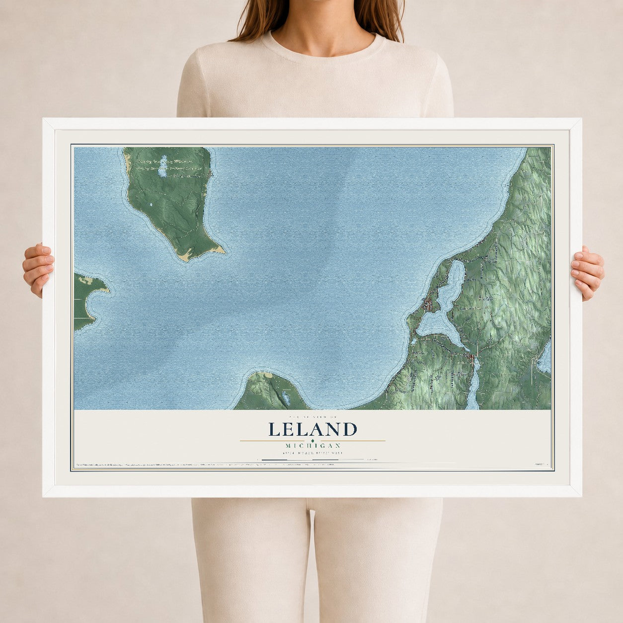 Map of Leland, Michigan, 24 x 36 inch print in a white wood frame