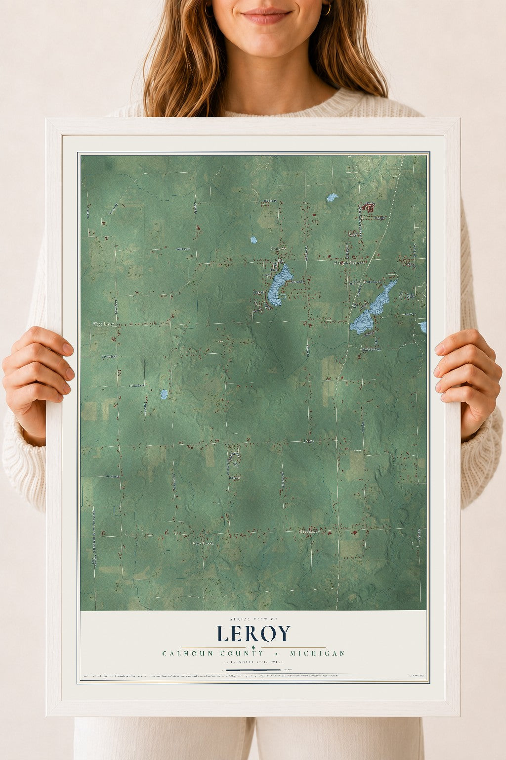 Map of Leroy, Calhoun County, Michigan, 18 x 24 inch print in a white wood frame