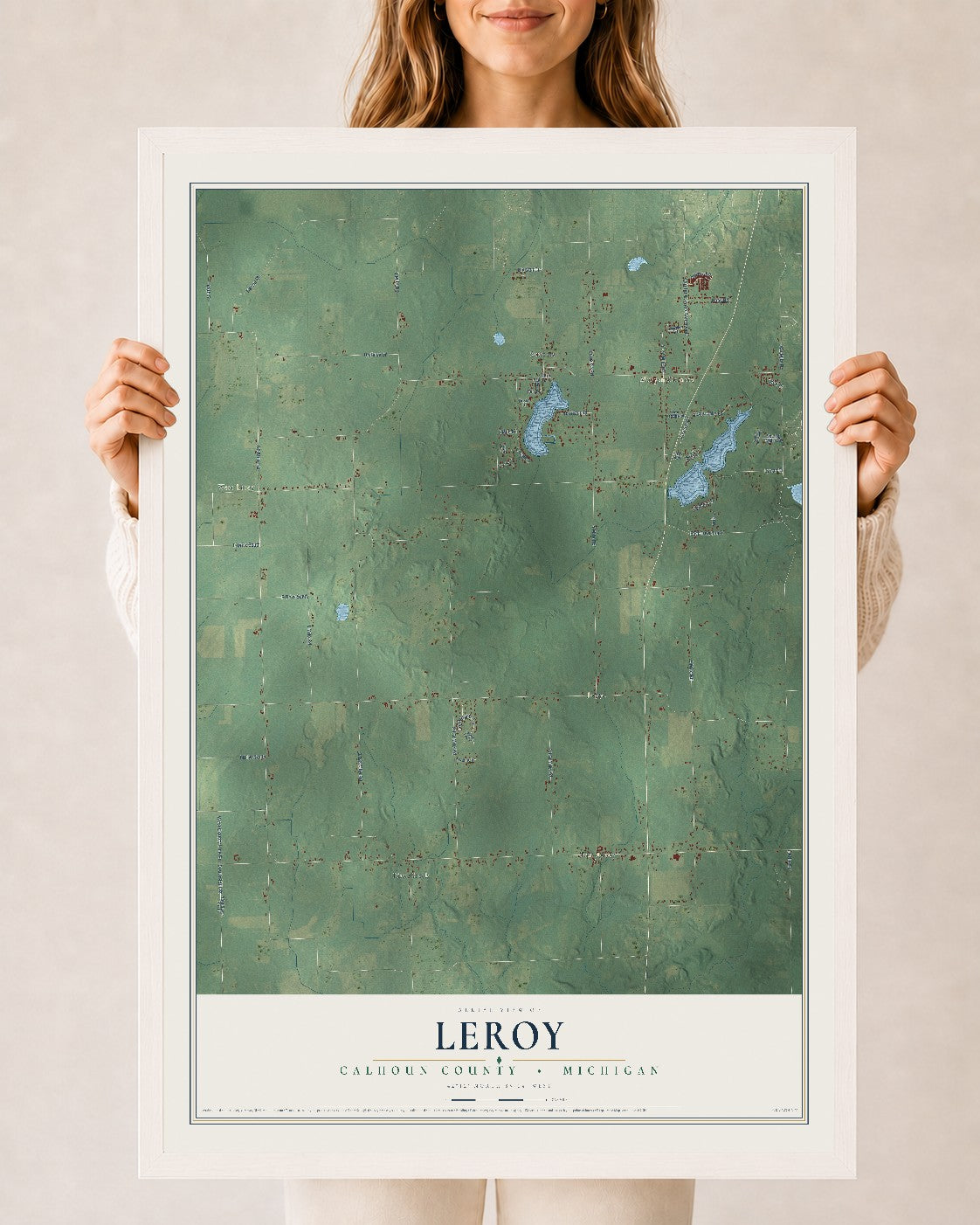 Map of Leroy, Calhoun County, Michigan, 24 x 36 inch print in a white wood frame