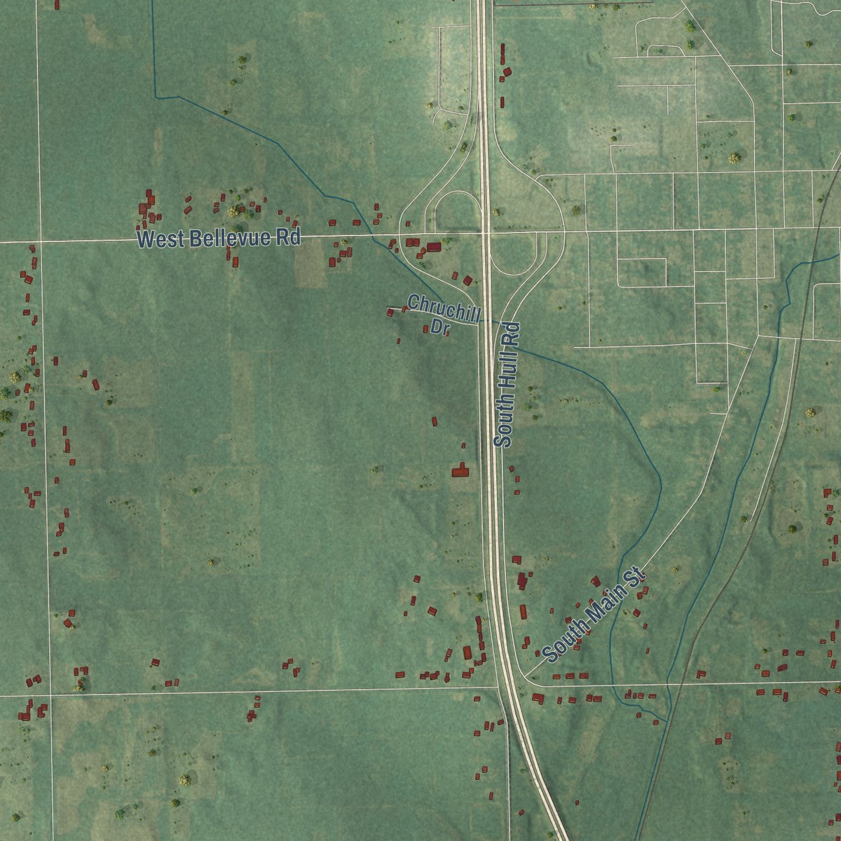 Close-up of the map of Leslie, Ingham County, Michigan print showing street and building detail