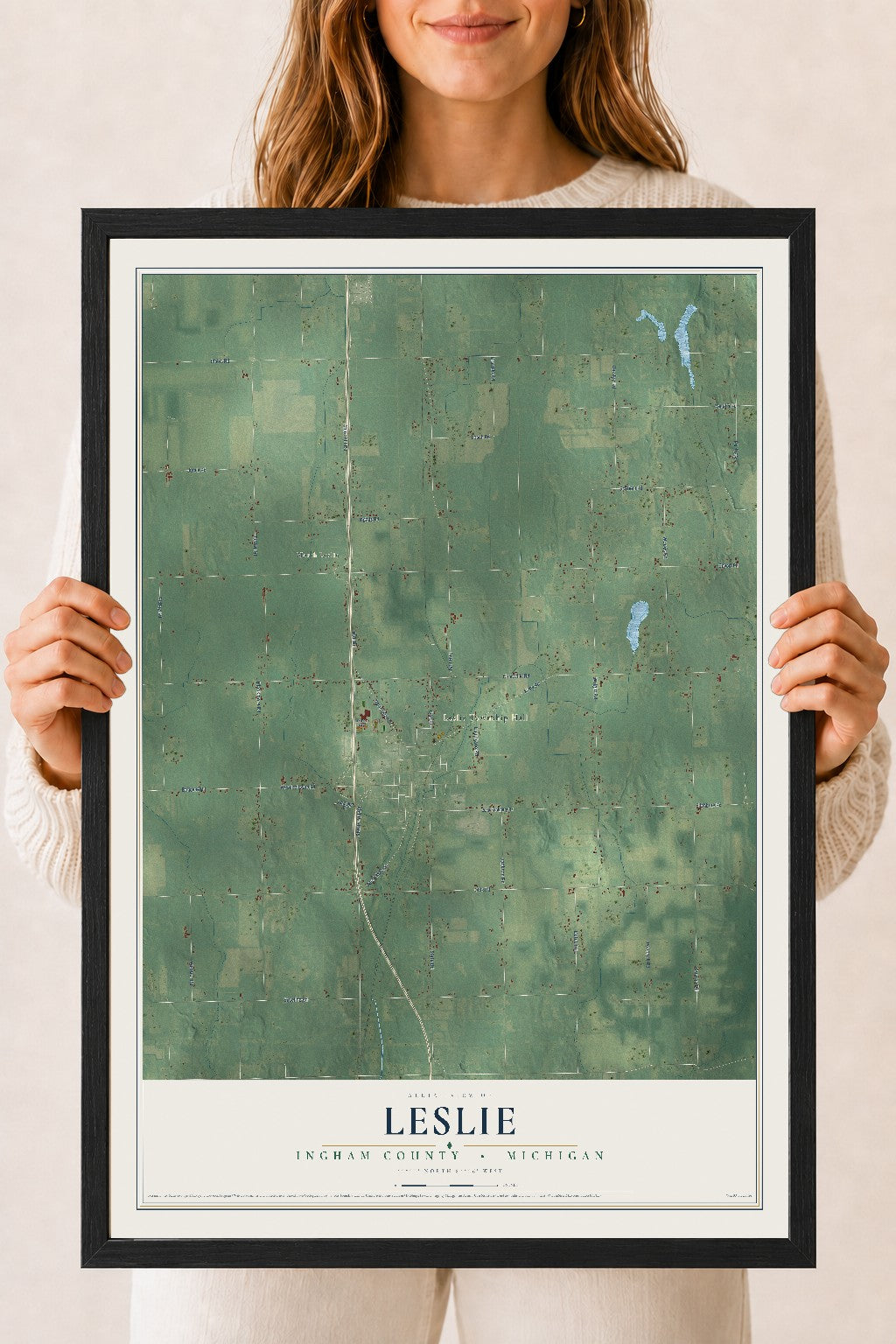 Map of Leslie, Ingham County, Michigan, 18 x 24 inch print in a black wood frame