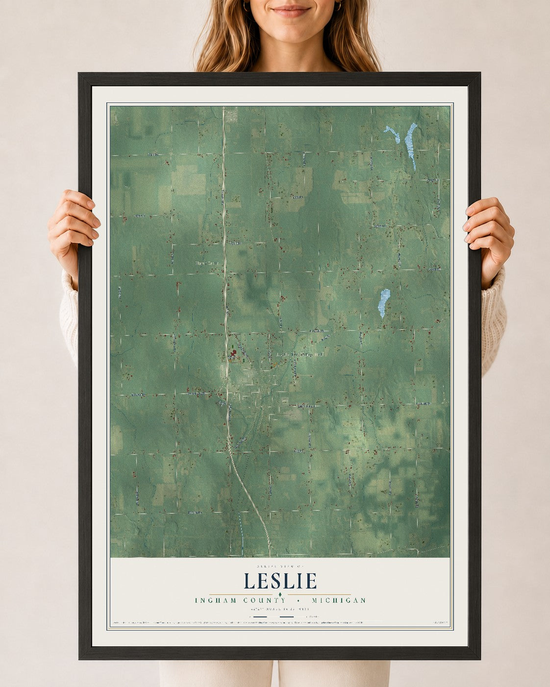 Map of Leslie, Ingham County, Michigan, 24 x 36 inch print in a black wood frame