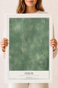 Map of Leslie, Ingham County, Michigan, 18 x 24 inch print in a white wood frame