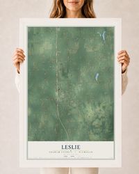 Map of Leslie, Ingham County, Michigan, 24 x 36 inch print in a white wood frame