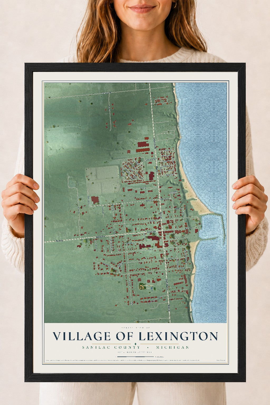 Map of Lexington, Michigan, 18 x 24 inch print in a black wood frame