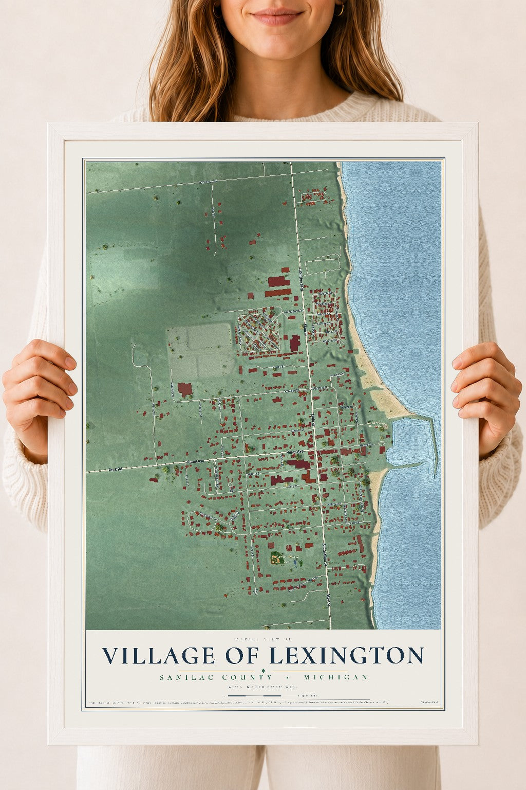 Map of Lexington, Michigan, 18 x 24 inch print in a white wood frame